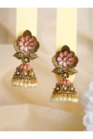 Priyaasi Pink Gold-Plated Dome Shaped Jhumkas Earrings