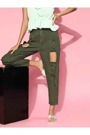 Sassafras Women Olive Green Relaxed Fit High-Rise Highly Distressed Jeans
