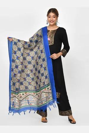 Kesarya Blue & White Ethnic Motifs Printed Cotton Silk Kalamkari Dupatta