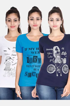 Fleximaa Women Blue & White Pack Of 3 Printed Cotton T-shirt