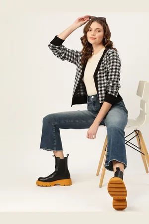 DressBerry Women Black & White Checked Cardigan