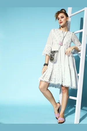 Ishin Women Off-White Floral Fluid Tie-Up Dress