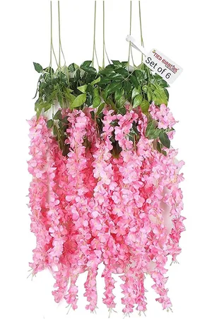 Tied Ribbons Set Of 6 Pink & Green Artificial Hanging Wisteria Flower-Strings
