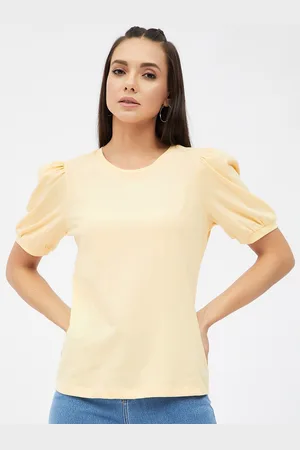 Harpa Women Yellow Puff Sleeves Cotton Pure Cotton T-shirt