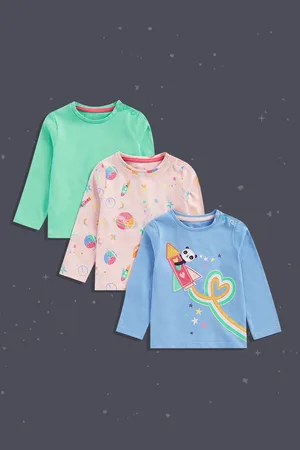Mothercare Girls Blue & Sea Green Pack Of 3 Printed & Solid Pure Cotton T-shirts