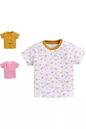 BUMZEE Girls Pack of 3 Mustard Yellow & Pink Printed Cotton T-shirt