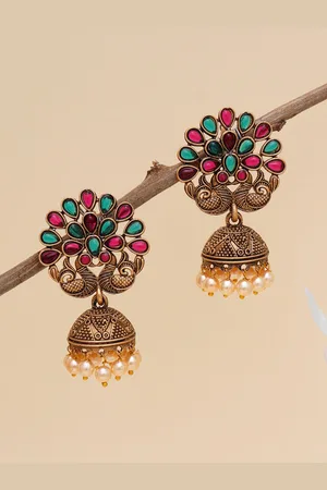 karatcart Red & Green Gold-Plated Peacock Shape Classic Jhumkas Earrings