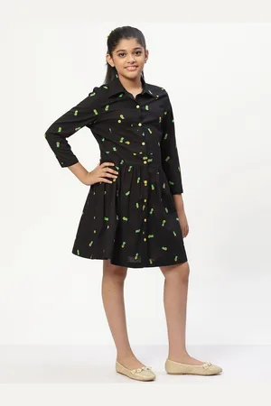 CACA CINA Girls Black & Yellow Shirt Style Long Sleeves Pure Cotton Dress
