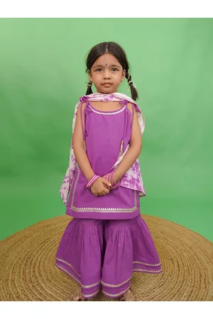 Tiber Taber Girls Purple Floral Yoke Design Pure Cotton Kurti with Sharara & With Dupatta
