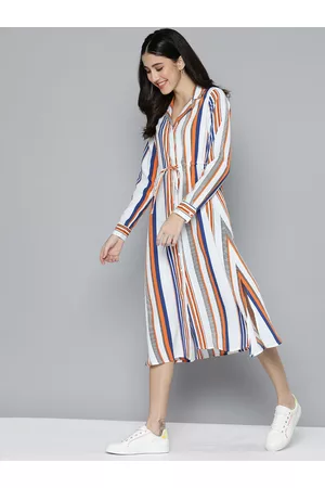 Mast & Harbour Women White & Blue Striped Shirt Midi Dress