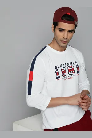 Slazenger Men White & Navy Blue Brand Logo Printed Pure Cotton T-shirt