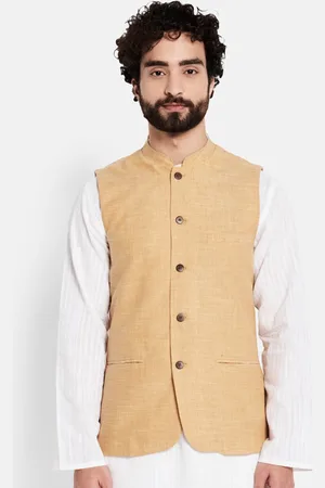 Fabindia Men Beige Woven Design Pure Cotton Nehru Jacket