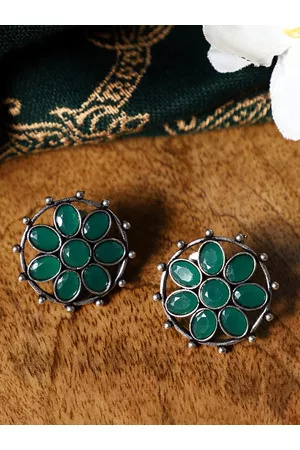 Veni Women Oxidised Silver Plated Green Contemporary Studs Earrings