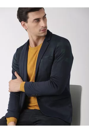 Invictus Men Navy Checked Slim Fit Single-Breasted Casual Blazer
