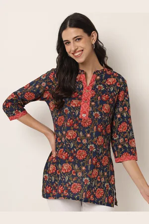 FABRIC FITOOR Women Navy Blue & Coral Floral Print Cotton Shirt Style Top