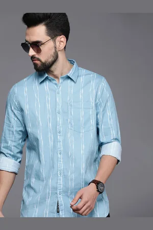 WROGN Men Blue and White Slim Fit Striped Pure Cotton Casual Shirt