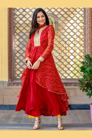 HOUSE OF JAMOTI Women Bandhani Printed Layered High Slit Kurta with Trousers