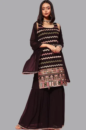 Chhabra 555 Women Burgundy Empire Kurta with Skirt & With Dupatta