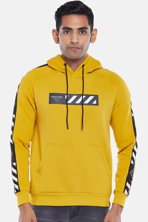 PEOPLE Men Mustard Printed Hooded Sweatshirt