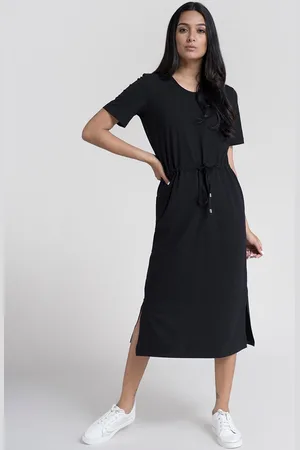 FableStreet Women Black Solid Cotton Midi A-Line Dress