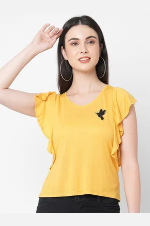 MISH Women Yellow V-Neck Layered Sleeves T-shirt