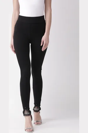 Antheaa Women Black Embellished Hem Skinny Fit Solid Treggings