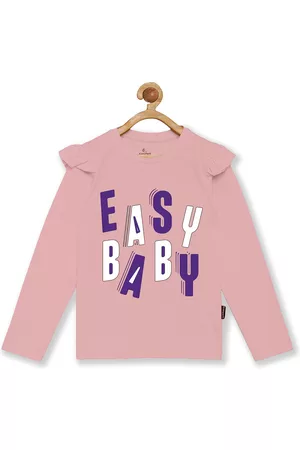 KiddoPanti Girls Pink Typography Printed Pure Cotton T-shirt
