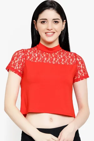 LE BOURGEOIS Women Red Self Design Crop Pure Cotton Top