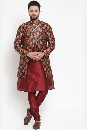 Kaifoo Men Maroon Ethnic Motifs Printed Kurta with Churidar & Jacket