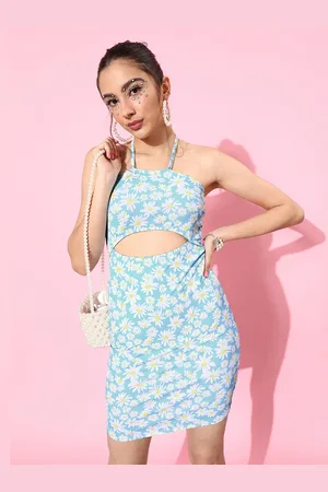 ATHENA Blue & White Floral Halter Neck Front Cut Bodycon Dress