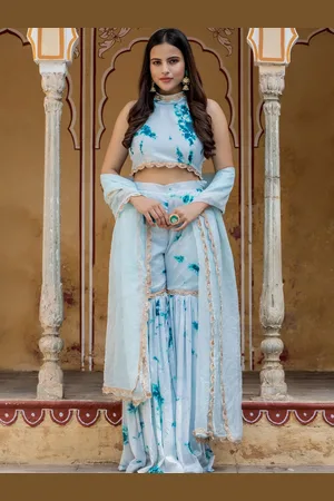 HOUSE OF JAMOTI Women Blue Dyed Top with Sharara & With Dupatta