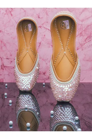 Nidhi Rathi Women Peach-Coloured Embellished Leather Ethnic Mojaris Flats