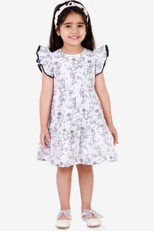 LIL DRAMA Kids Girls White And Grey Floral Print Flutter Sleeves Cotton A-Line Dress