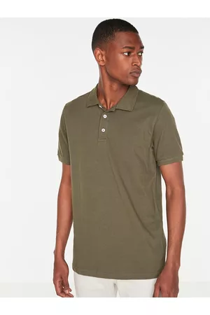 Trendyol Men Olive Green Solid Polo Collar Pure Cotton T-shirt