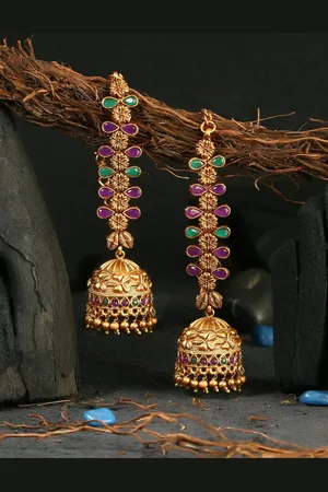 Adwitiya Collection 24 CT Gold-Plated Green & Pink Stone-Studded Classic Jhumkas Earrings