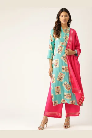 Menka Women Turquoise Blue & Fuchsia Printed Kurta with Palazzos & Dupatta
