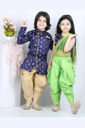 BownBee Girls Blue & Green Embellished Jacquard Top With Dhoti Pants