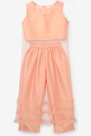 YK Girls Peach-Coloured Empire Dupion Silk Kurti with Trousers