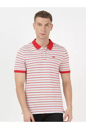 Lee Men White Striped Polo Collar Applique Slim Fit T-shirt