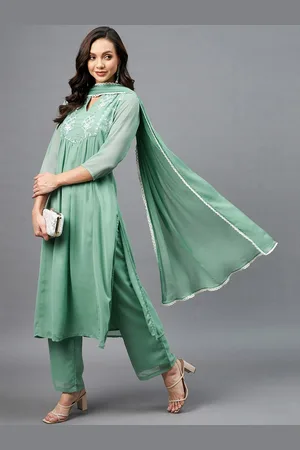 Azira Women Green Embroidered Pleated Kurti with Trousers & With Dupatta