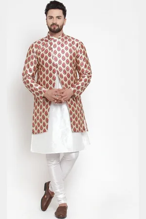Kaifoo Men White Ethnic Motifs Printed High Slit Kurta with Churidar & Jacket