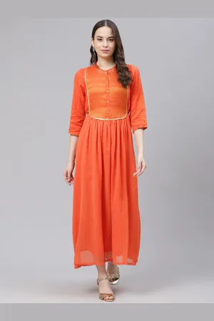 AURELIA Orange & Golden Yoke Design Maxi Dress