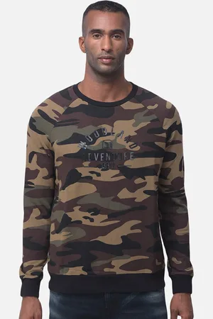 Woodland Men Olive Green Camouflage Printed Sweatshirt