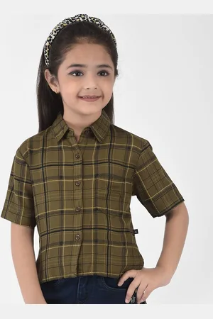 Crimsoune Club Girls Olive Green Slim Fit Tartan Checks High Low Shirt