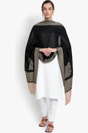 Mizash Women Fine Wool Black Kashmiri Emroidered Shawl