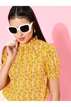 DressBerry Women Bright Yellow Floral Volume Play Top