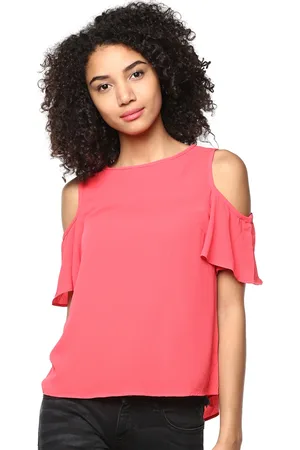Harpa Women Coral Pink Solid Cold-Shoulder Top