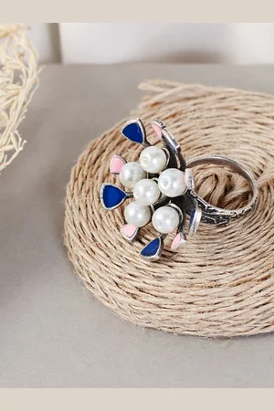 ATIBELLE Silver-Plated Blue & White Pearl Studded Adjustable Finger Ring