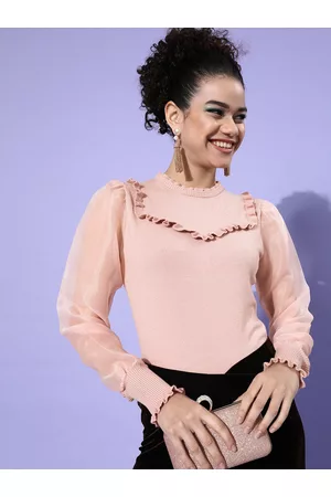 COVER STORY Women Attractive Peach Solid Ruffled Sweater