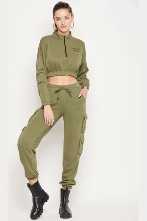 EDRIO Women Olive Solid Crop Top with Joggers